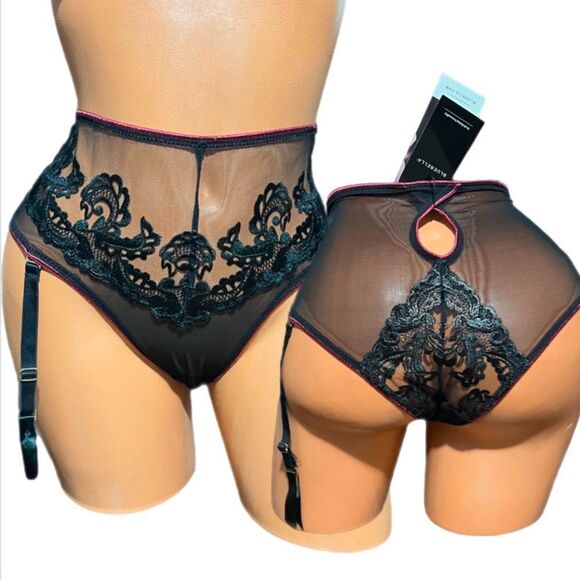BLUEBELLA Mara High Waist Suspender Brief mesh Floral Appliqué Garter Black S - Picture 11 of 11